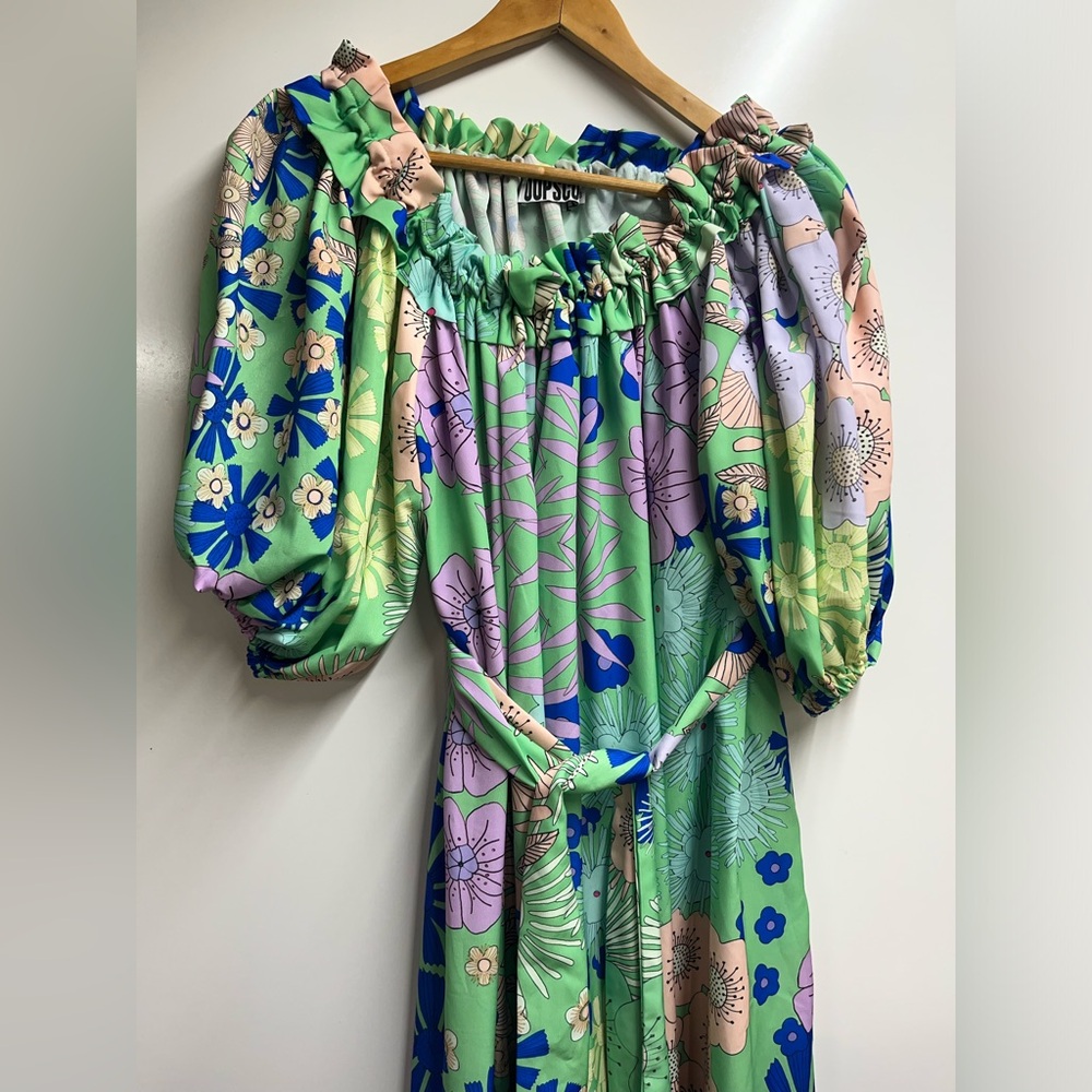 Oopscool NEW Anthropologie Floral Off-Shoulder Dress in Green and Blue size XS - Picture 4 of 11